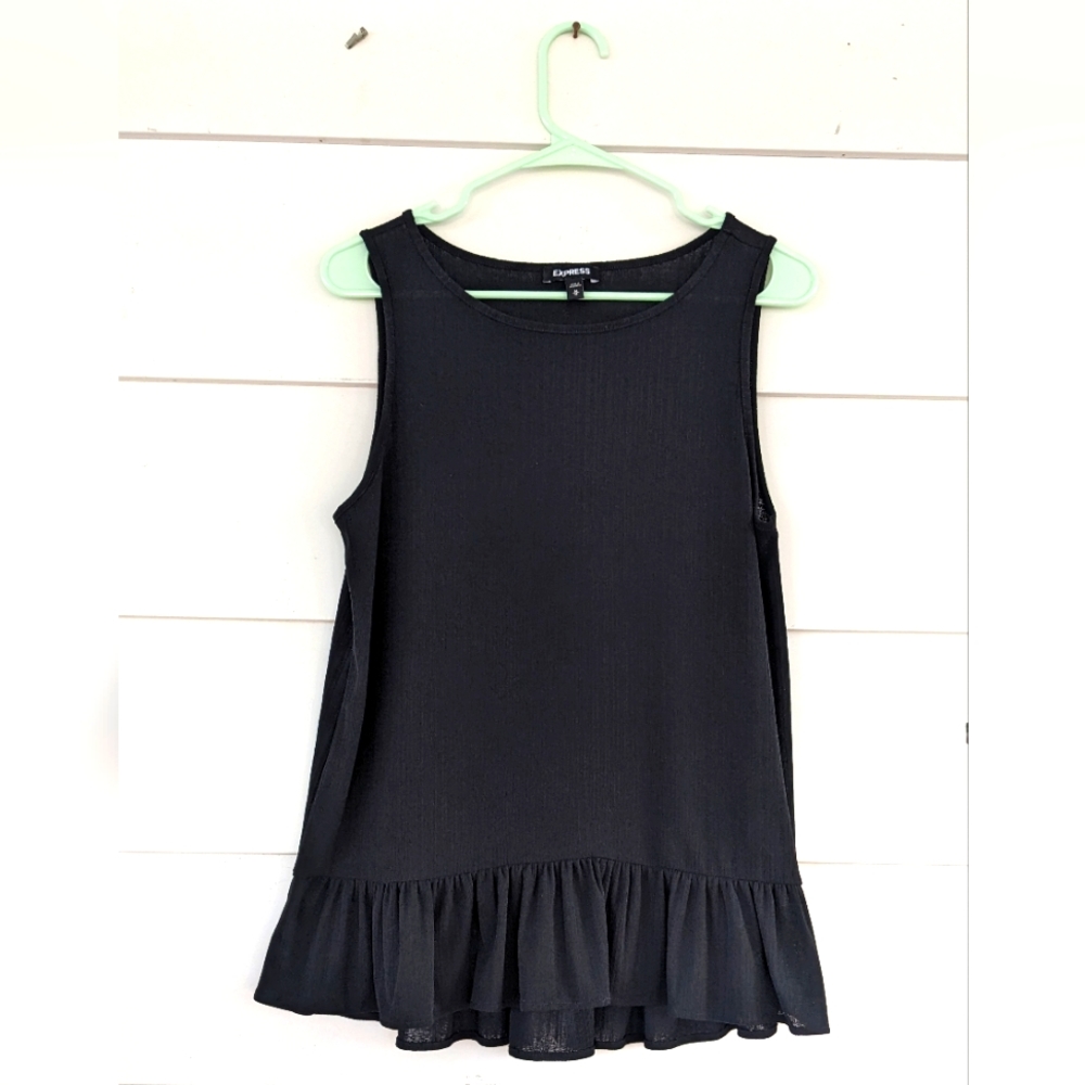 Express women's black, sleeveless tunic tank top, ruffled hem, size M